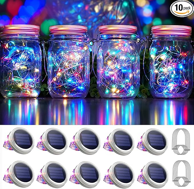 30 LED 10 Packs Mason Jar Lights with Hangers Colorful Solar Mason Jar Lids Fairy String Light Outdoor for Patio Yard Garden Decor Christmas Wedding Party Lights (NO Jars)