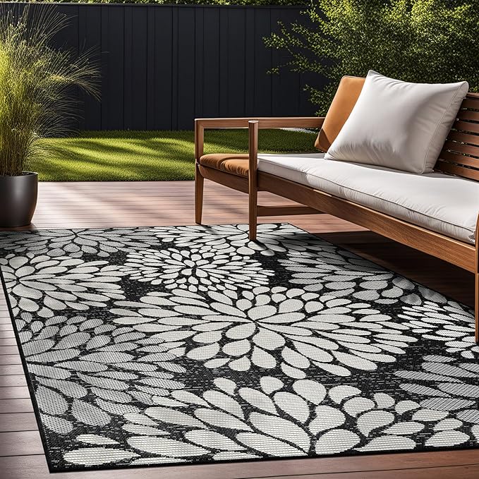 Beverly Rug Outdoor Rug 6x9 Modern Exotic Tropical Leaf Area Rugs for Indoor and Outdoor Patio Deck Porch Garden Water Resistant Washable Outside Carpet (6 x 9 Dark Gray)
