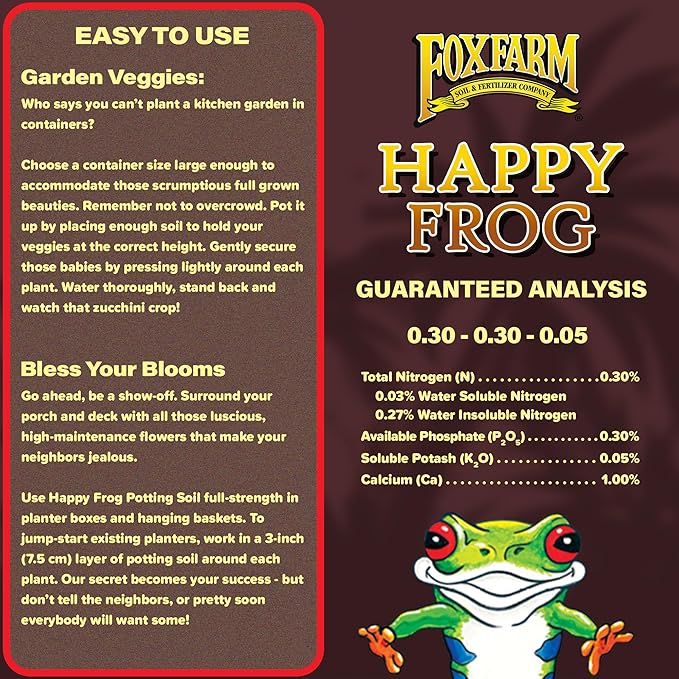 FoxFarm Happy Frog Potting Soil, 2cu ft - for Indoor/Outdoor Container Plants, Improves Root Efficiency, pH Adjusted for Optimal Nutrient Uptake - Contains Mycorrhizae and Humic Acids