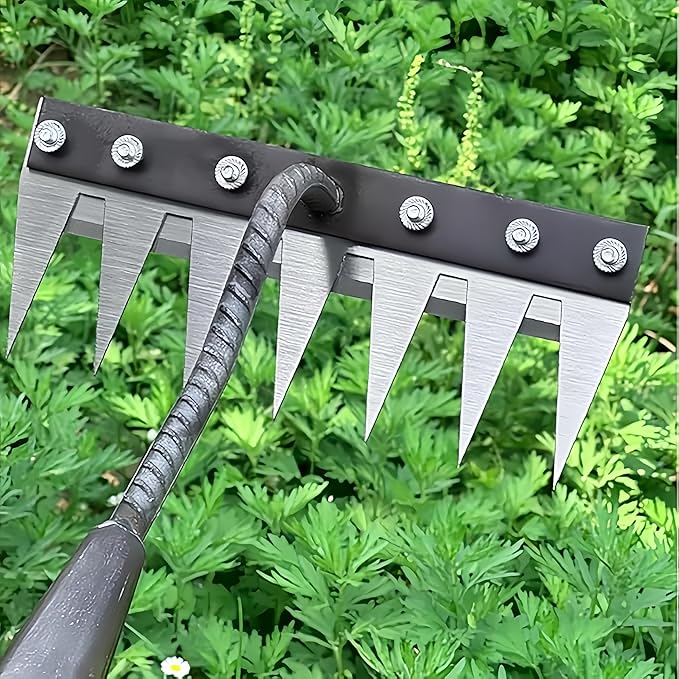 Gardenia Iron Weeding Rake, Iron Rake 2.0 for Gardening and Weeding, Detachable Double-Edged Blade Design Carbon Steel Heavy-Duty Weed Rakes,Hand Weed Puller Tools for Lawn Yard Garden Farm(7 teeths)