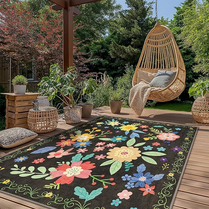 GENIMO Indoor Outdoor Area Rug 5' X 7' Waterproof, Washable Patio Rug Non Shedding, Easy Cleaning Floral Outdoor Carpet for Living Room, Bedroom, Dining Room, Balcony, Backyard, Deck, RV, Black