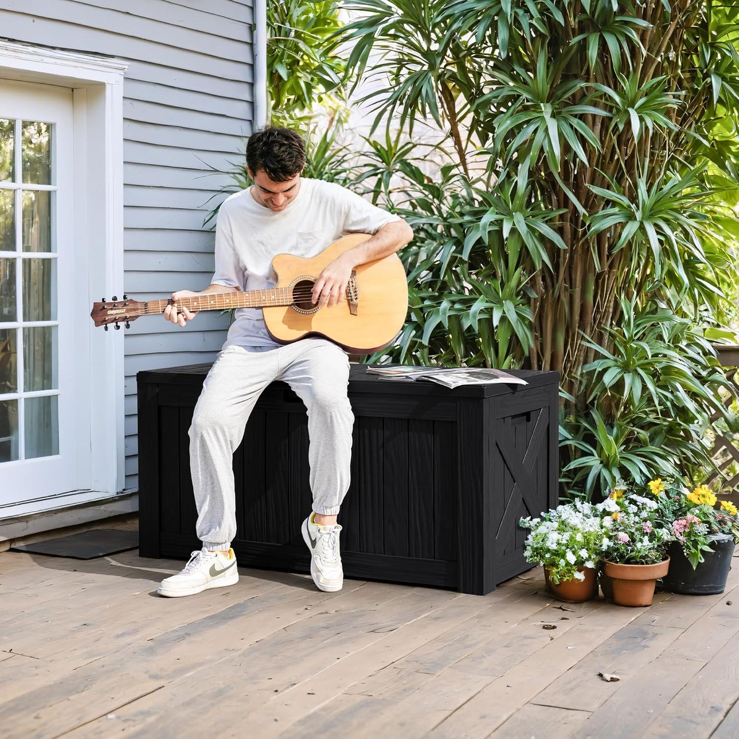 Greesum 120 Gallon Deck Box, Resin Outdoor Storage Container for Patio Furniture, Garden Tools, Pool Accessories, Weatherproof, Lockable, Black