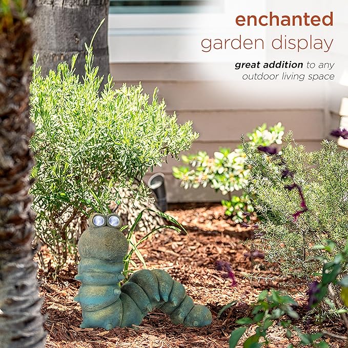 Alpine Corporation FCC121SLR Outdoor Solar Powered Garden Caterpillar Statue with LED Lights, LED Solar Garden Décor, 16"