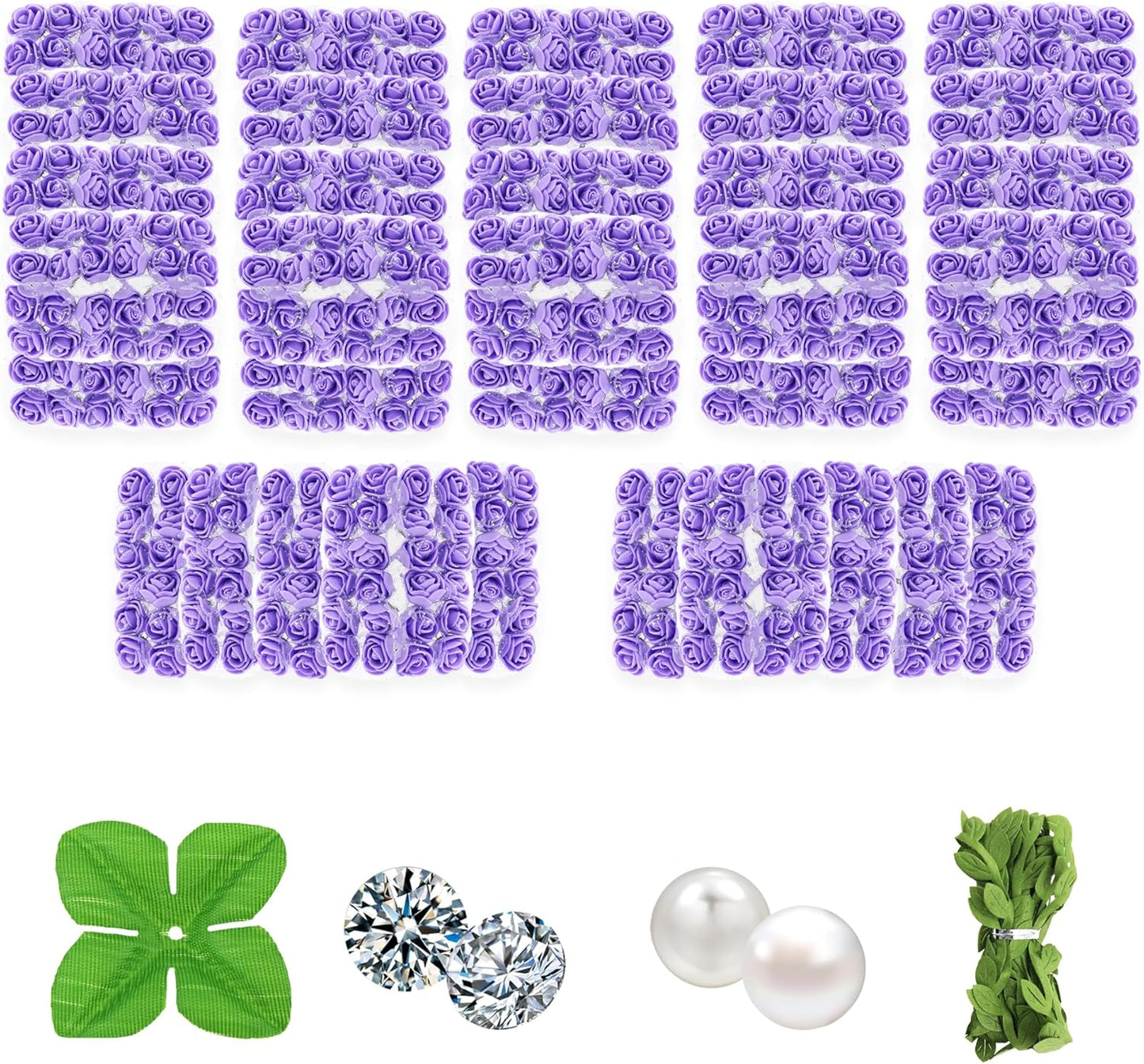 500 Pcs 0.6 Inch Mini Artificial Flowers Head Bulk 5 in 1 Set Faux Foam Fake Small Rose Tiny Baby Flores Bouquet Wreath Gift Hair Clip Home Decoration DIY Craft (Purple)