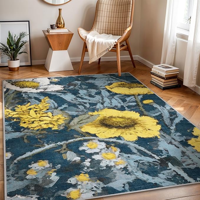 GENIMO Indoor Outdoor Area Rug 8' X 10' Waterproof, Washable Patio Rug Non Shedding, Easy Cleaning Floral Outdoor Carpet for Living Room, Bedroom, Dining Room, Balcony, Deck, RV, Backyard, Blue Yellow