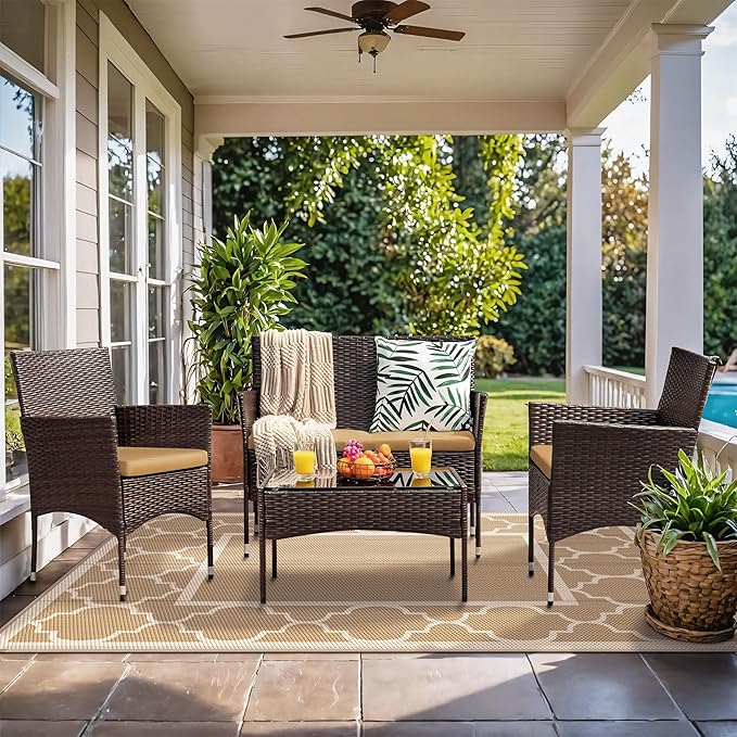 GENIMO 5' x 8' Outdoor Rug Waterproof for Patio Decor, Foldable Reversible Plastic Straw Area Rugs Mat for Camper, Outside Carpet for Rv, Deck, Porch, Picnic, Beach, Balcony, Brown & Beige