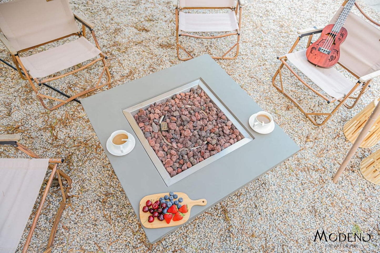 AMS Fireplace | Modeno Westport Package | Light Gray Natural Gas Fire Pit Table for Outside Patio Bundle with Wind Guard, and SS Burner Lid | Free Ice Bucket & Rubber Mat