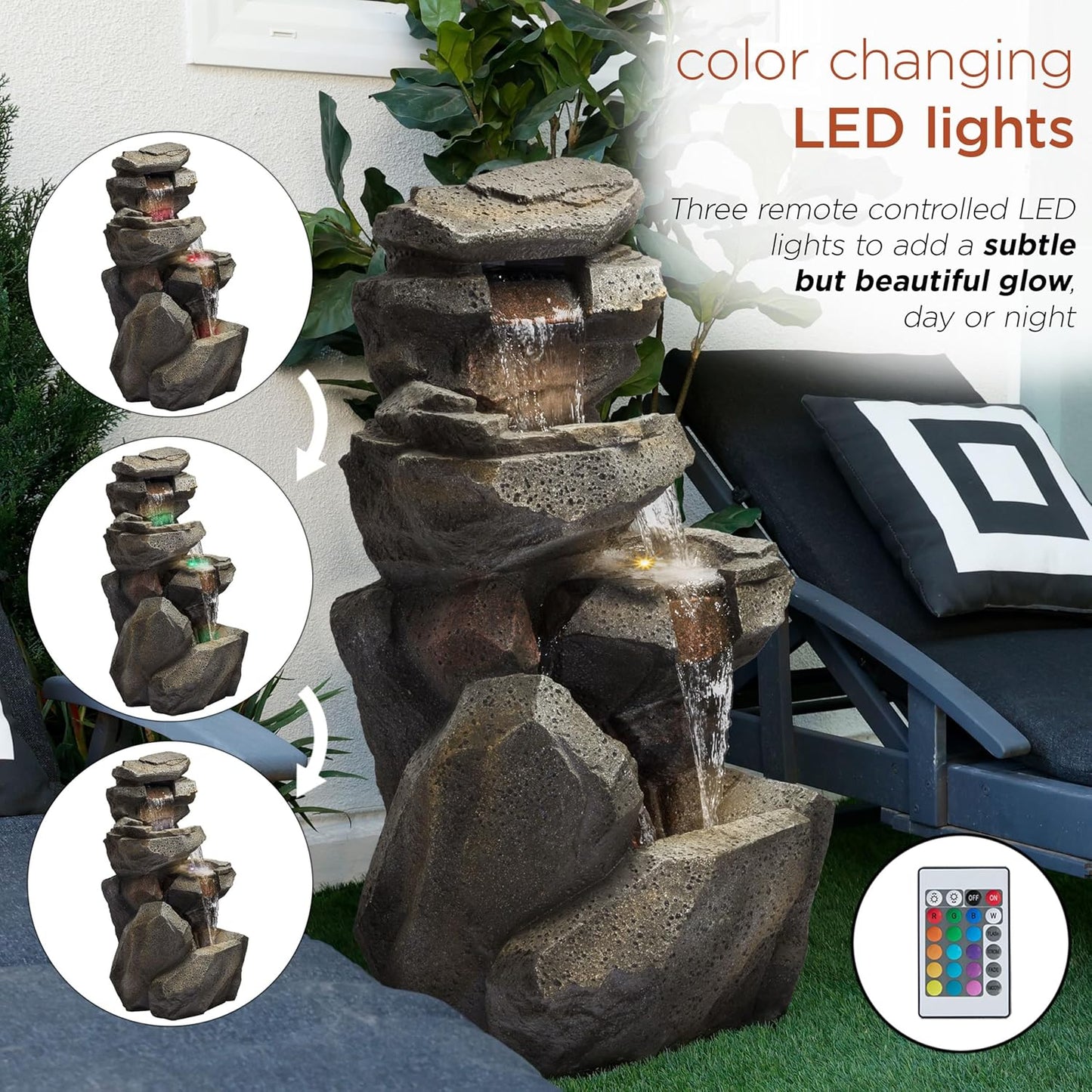 Alpine Corporation WIN1184 40" 3-Tier Outdoor Rock Waterfall Floor Fountain with Color-Changing LED Lights, Cascading Water Feature for Gardens, Patios, and Yards, Gray