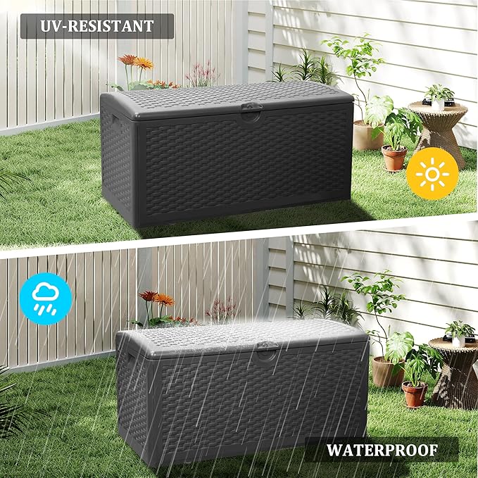 80 Gallon Plus Outdoor Storage Box Waterproof Lockable Resin Deck Box Large, Patio Storage Bin for Pool Accessories Cushion Furniture, Garden Tools, UV-Resistant Outside Delivery Black
