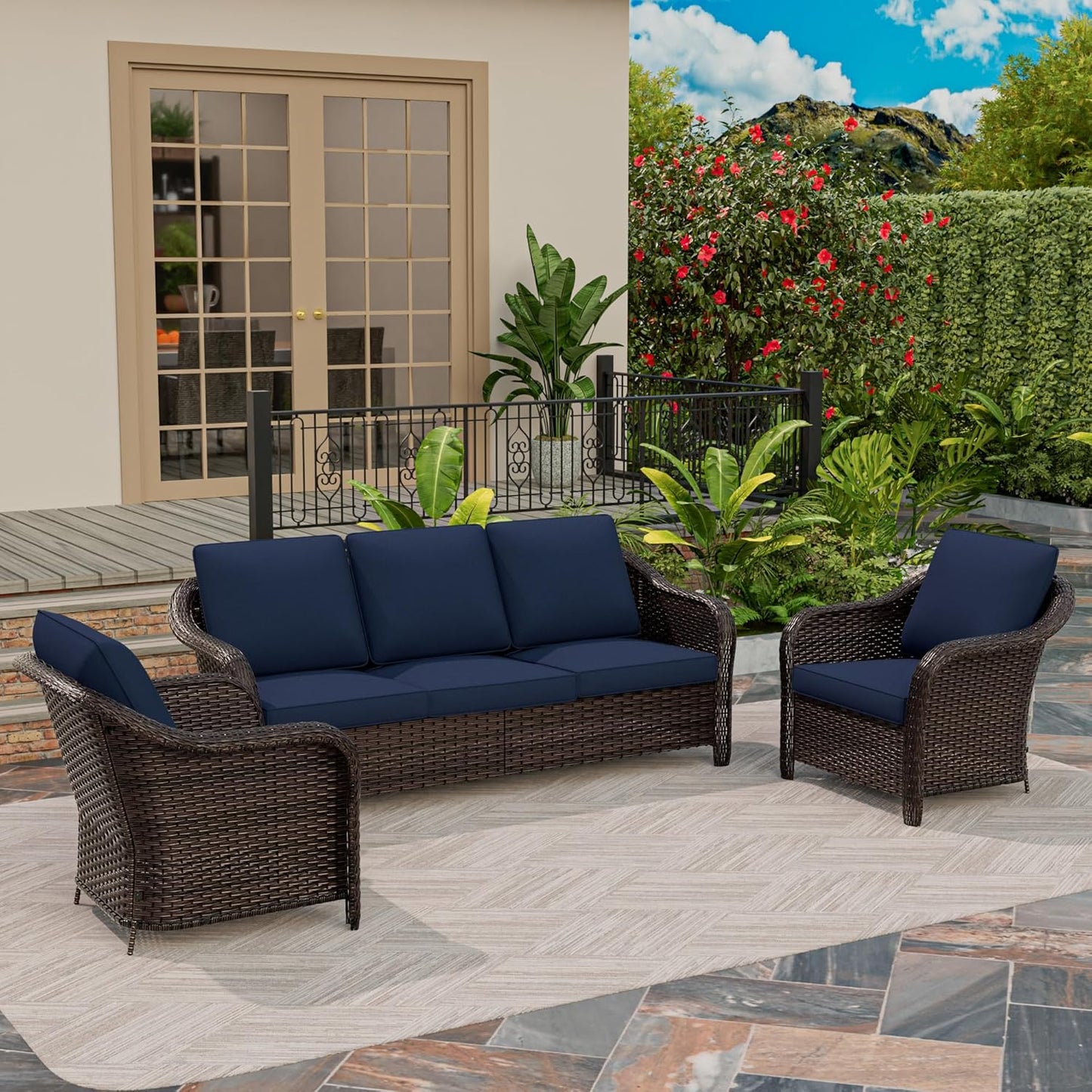 3 Piece Patio Wicker Conversation Set, All-Weather Use Outdoor Wicker Sofa with 2 PE Rattan Chair, Ideal for Porch, Backyard, Balcony, Poolside, Blue