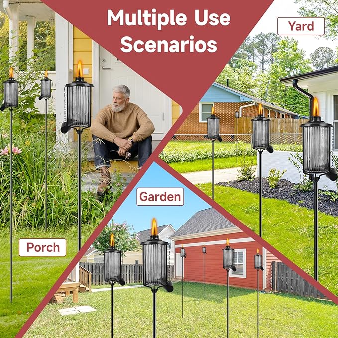 4 Pack Glass Citronella Torches, 16 oz Garden Torches for Outside with 3-Prong Grounded Stake, 55 inch Outdoor Black Glass Flame Light Torch for Yard, Patio, Deck, Garden, Party, Landscape