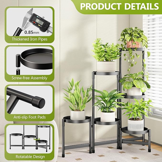 6 Tier Metal Plant Stand Indoor, Rotatable Corner Plant Shelf Outdoor, Tiered Flower Pot Display Stand, Black Multiple Plants Holder for Patio Living Room Balcony Garden Home Decor