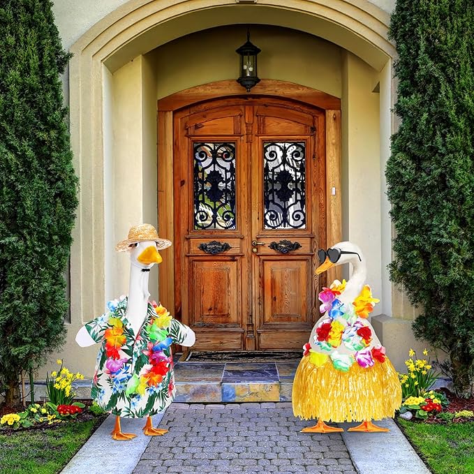 2 Set Hawaiian Luau Porch Goose Outfit for Lawn 23'' Plastic Goose Clothes Costume Summer Outdoor Decor(Hula Skirt)