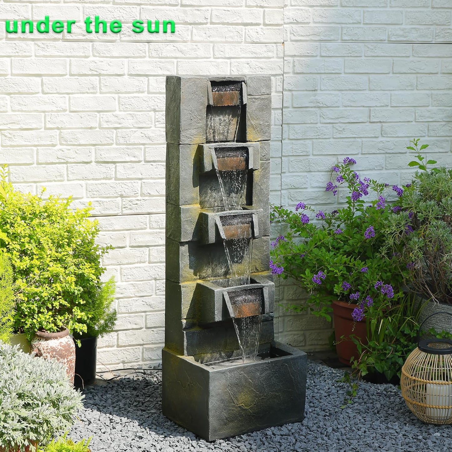 41.1" Garden Water Fountain Outdoor – 5-Tier Modern Cascading Resin Waterfall Fountain with LED Light, Mossy Stone Look, Floor-Standing Outdoor Water Feature for Patio, Yard, Deck, Home Décor
