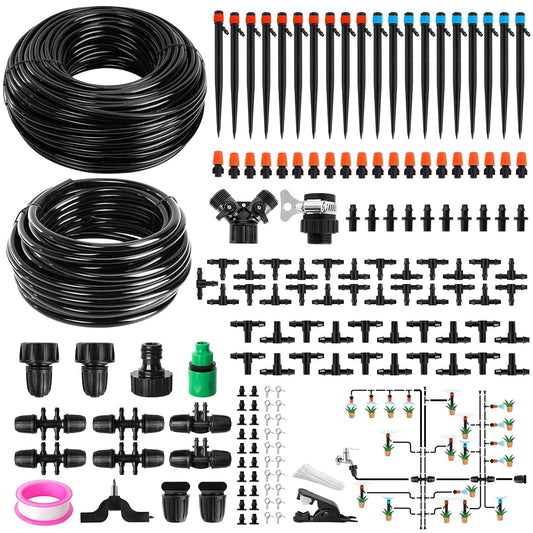 240FT DIY Automatic Drip Irrigation System Kits for Garden Plant Watering Misting System for Greenhouse Patio Lawn with Adjustable Drip Emitters 5/16" and 1/4" Irrigation Tubing Connectors Fittings