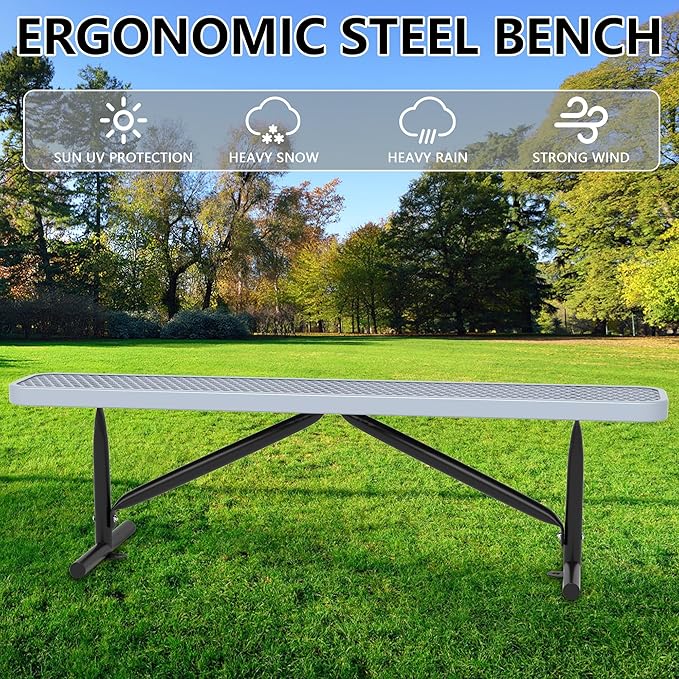 48" L Outdoor Steel Flat Bench, Heavy Duty Metal Park Bench for Outside, Expanded Metal, Commercial Benches Mesh Bench for Shopping Mall, Store, Lawn, Park, Patio, Deck, Garden (Grey, 6FT)