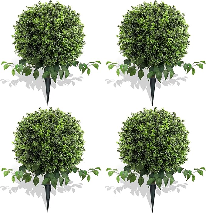 28" Artificial Boxwood Ball Bush, UV Resistant Topiary Tree Faux Boxwood Ball Shaped Porch Bushes with Ground Spike Artificial Bushes for Outdoors Front Door Decor Home Garden