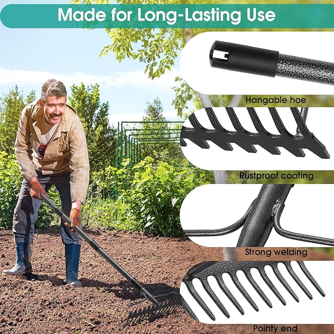 Garden Rake: 49" Metal Garden Leaf Rake with 17 Tines, Heavy Duty Bow Rakes for Lawn Yard Leaves Debris Mulch Gravel Thatch Clean,Lawn Care Gardening Landscaping