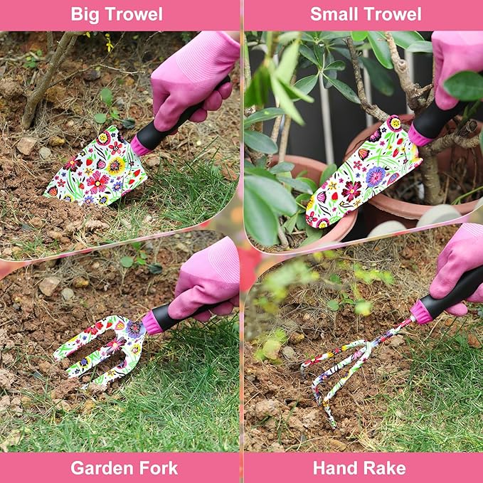 Gardening Tools Set, 10 PCS Stainless Steel Heavy-Duty with Non-slip Soft Rubber Handle with Large Garden Bag, Floral Pattern Gardening Tool Set Gifts for Women Birthday Mother's Day, Pink