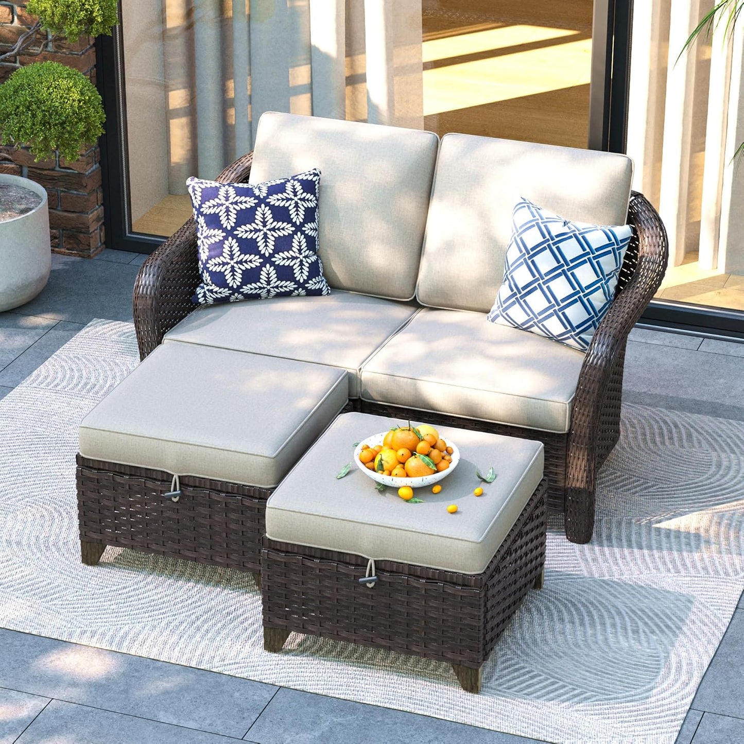 3 Pieces Patio sectional Sofa Set, Outdoor Conversation Furniture Set, 55" Patio Couch with 2 Ottomans, Rattan Wicker Sofa with Removable Cushions for Bistro, Deck (Beige)