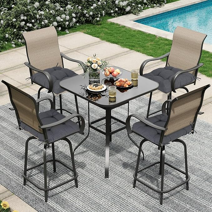 Aoodor 19" x 19" x 5" Tufted Outdoor Chair Cushions, Water Resistant & Fade Resistant Polyester Dining Chair Pads with 2 Straps for Patio Furniture, Set of 4