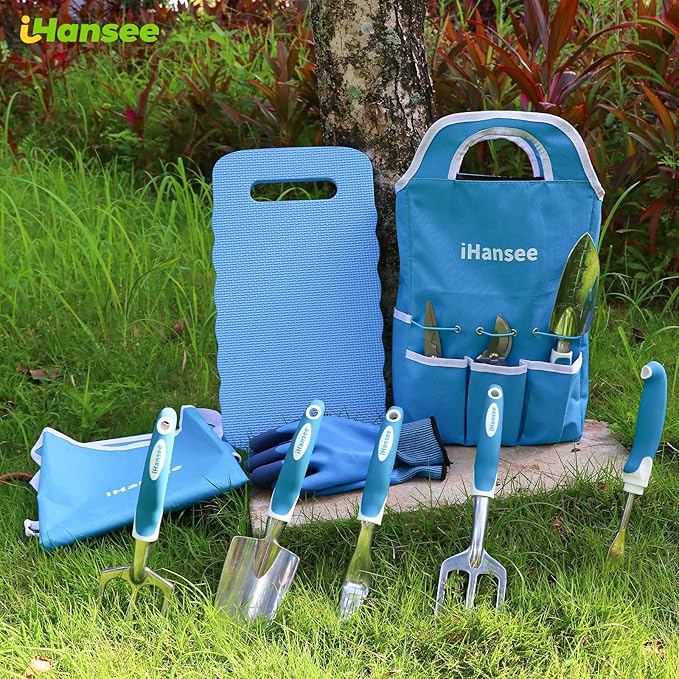 Blue Garden Tool Sets 12-Piece, Aluminum Gardening Hand Tools w/Ergonomic Handle, Garden Supplies Organizer Handbag, Kneeling Pad, Apron and Gloves, Gift for Women, Garden Starter Kit for Women