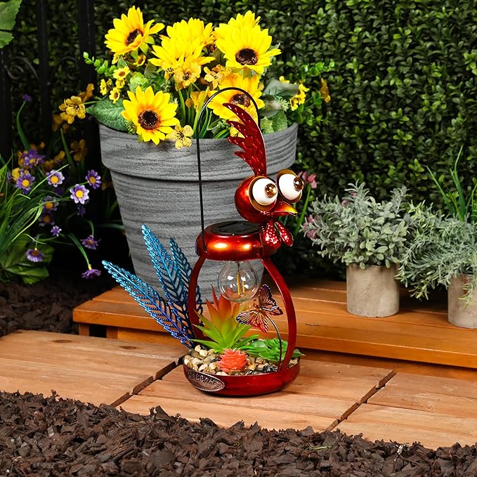 Alpine Corporation LYT286SLR-HH Solar-Powered Metal Rooster w/Garden Enclosed LED Light Decor, Solar Patio Decor, 16''H, Red