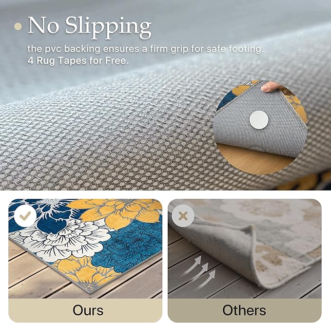 GENIMO Indoor Outdoor Area Rug 8' X 10' Waterproof, Washable Patio Rug Non Shedding, Easy Cleaning Floral Outdoor Carpet for Living Room, Bedroom, Dining Room, Balcony, Backyard, Deck, RV, Blue