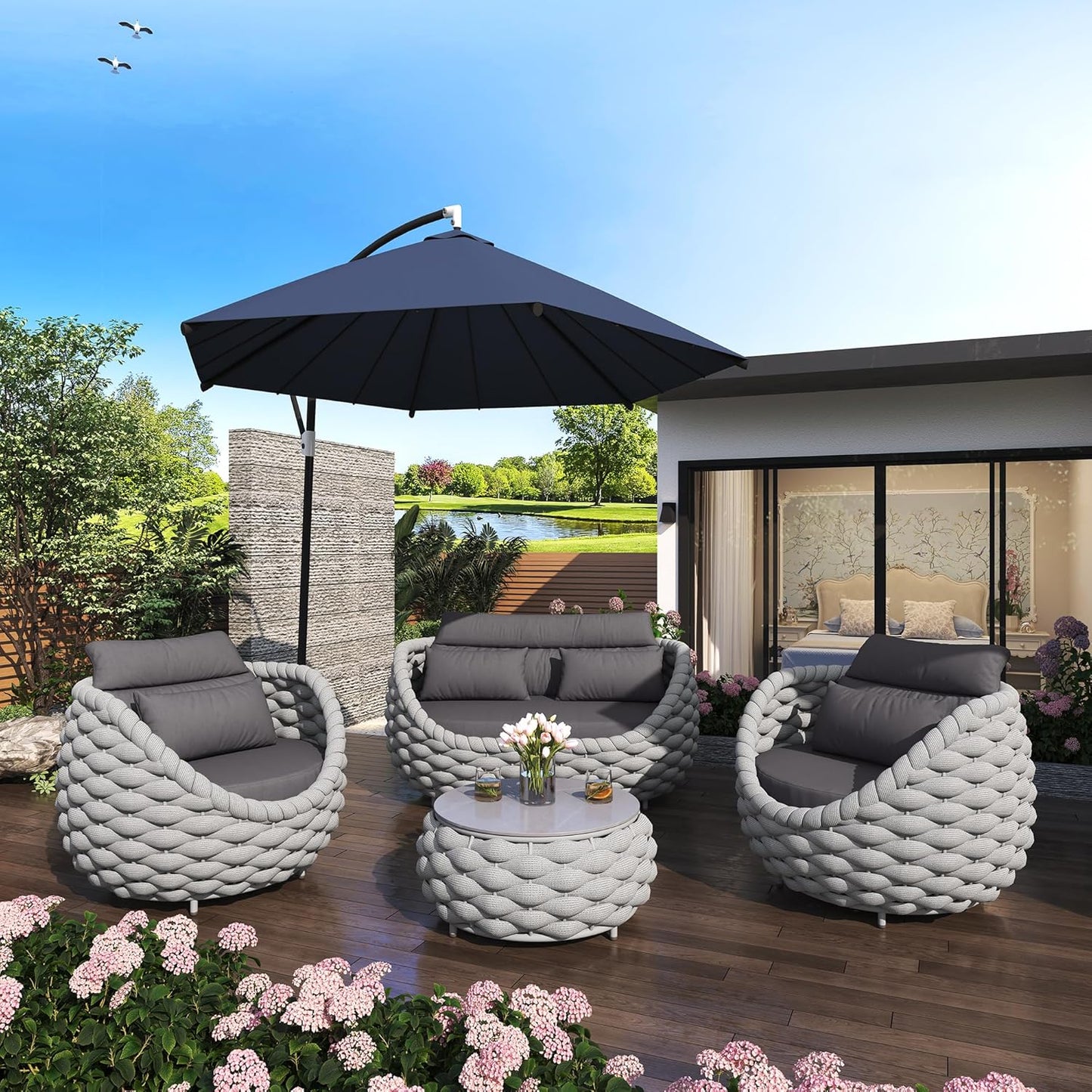 Aluminum Outdoor Patio Furniture Set with Coffee Table, 6 Piece Patio Conversation Sets with Washable Cushions Covers, Patio Sectional Furniture Set for Porch, Balcony, Deck, Yard