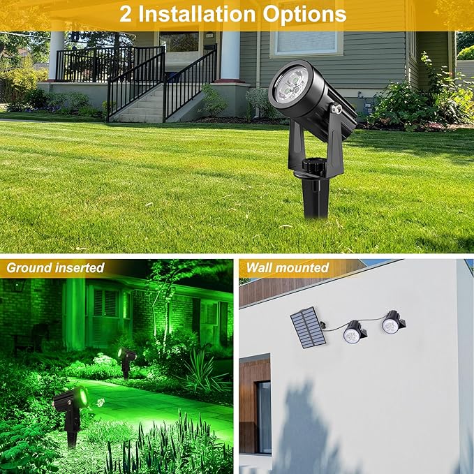 Green Solar Spot Lights Outdoor, 2 Pack Solar Landscape Spotlights IP65 Waterproof 9.8ft Cable, Auto On/Off Outdoor Wall Lights for Garden Yard Driveway Porch Walkway Pool (1-in-1)