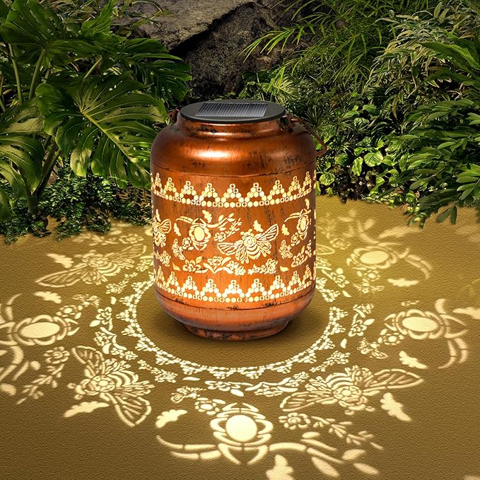 2Pack Bee Solar Lanterns Outdoor Hanging Waterproof Lanterns Garden Decor Christmas Gifts for Women Mom Grandma Metal Solar Lights Decoration Outside for Yard, Patio,Pathway Landscape