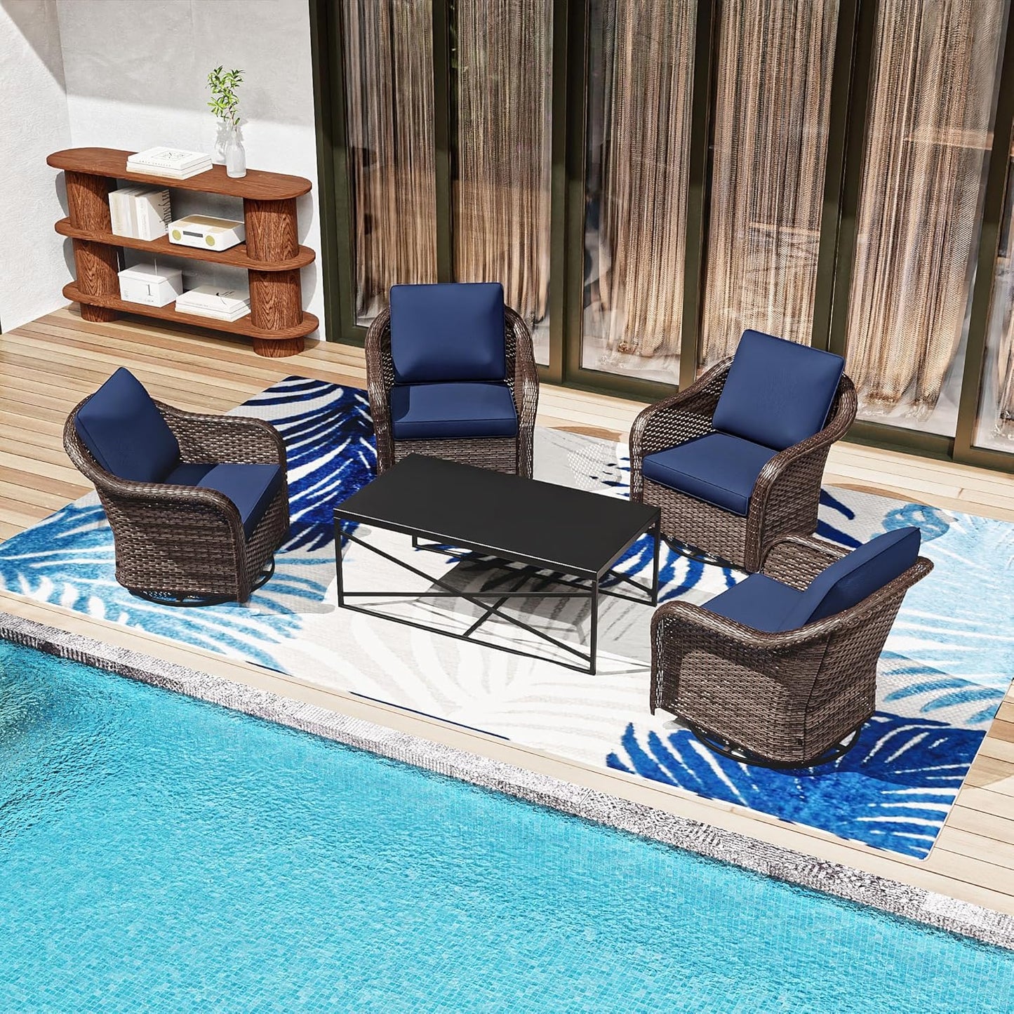 5 Pieces Outdoor Patio Conversation Furniture Set, 4 Pieces Rattan Glider 360 Degree Swivel Rocker Chairs with Removable Cushions, Coffee Table for Porch, Poolside (Navy Blue)