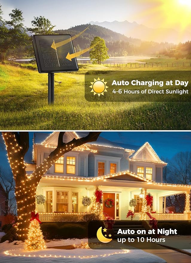 2-Pack 480LED 170FT Total Solar Outdoor Lights IP65 Waterproof Solar Powered Lights with 8 Lighting Modes for Party Garden Yard Home Holiday Tree Decoration Lighting, Warm White