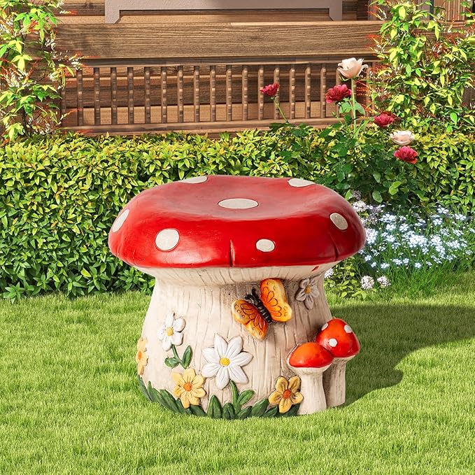 14''W Mushroom House Statue Outdoor Statues Garden Resin Stool Over-Sized Sculpture Forest Pedestal Spring Decor for Home Courtyard Lawn Patio Summer Ornament Indoor Stool