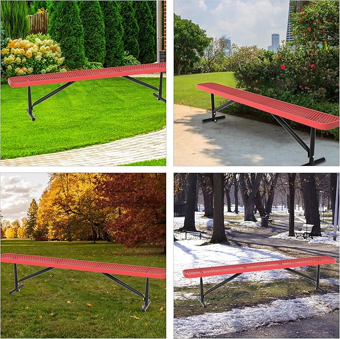 48" L Outdoor Steel Flat Bench, Heavy Duty Metal Park Bench for Outside, Expanded Metal, Commercial Benches Mesh Bench for Shopping Mall, Store, Lawn, Park, Patio, Deck, Garden (Red, 8FT)