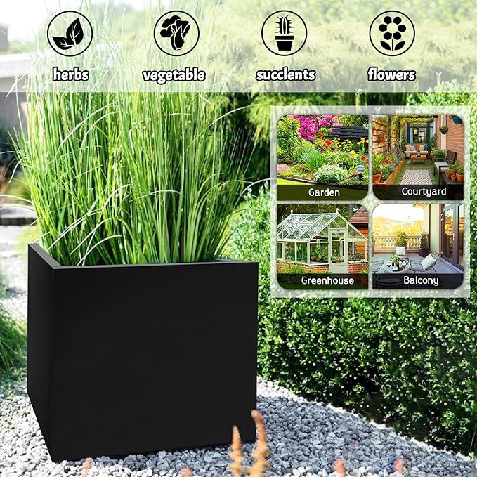 Galvanized Steel Rectangular Planter, 16"x 12"x 12" Small Planters for Outdoor Plants, Black Outdoor Planter with Drainage Holes