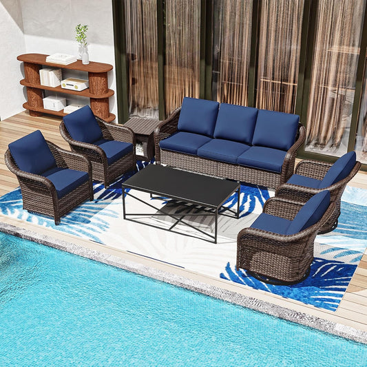 7 Pieces Patio Conversation Set, 78" Wicker 3-Seat Couch with Washable Cushions, 2 Glider Swivel Rocker Chairs, 2 Armchairs, Metal Table, Rattan Cat Bed End Table for Lawn (Navy Blue)