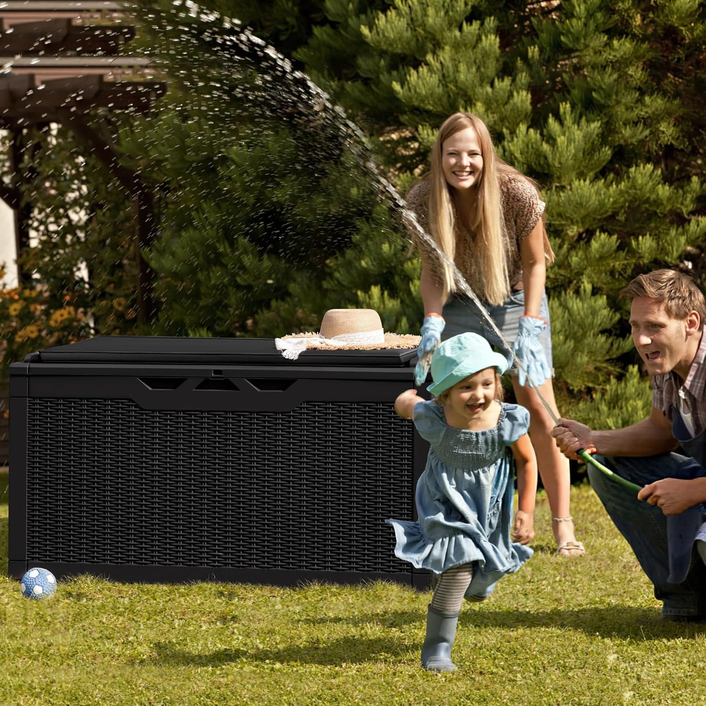 Greesum 100 Gallon Resin Deck Box Large Outdoor Storage Boxes with Cushions for Garden Tools, Patio Furniture Pillows, Pool Supplies, Black