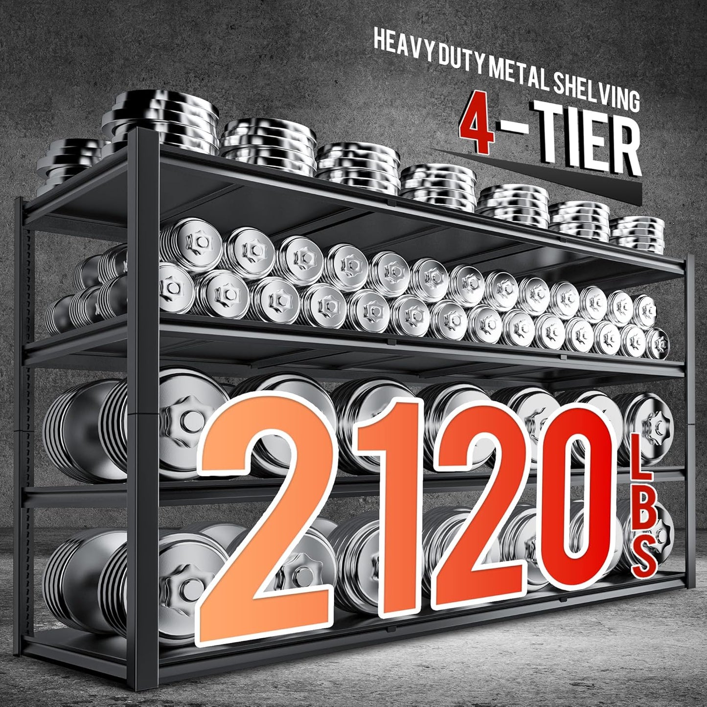 59.8" W x 59.8" H x 24.2" D Storage Shelves Metal Shelving, 2120LBS Garage Shelving Unit with Adjustable Shelf, 4 Tier Storage Rack for Garage, Pantry, Warehouse, Basement, Black