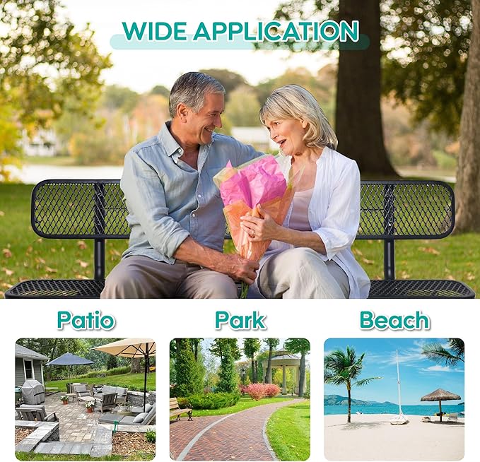 6 FT Heavy Duty Park Bench, Outdoor Metal Black Bench with Back-Commercial Steel Benches for Outside, 2-4 Person Seat-Garden Benches with Portable Frame for Outdoors