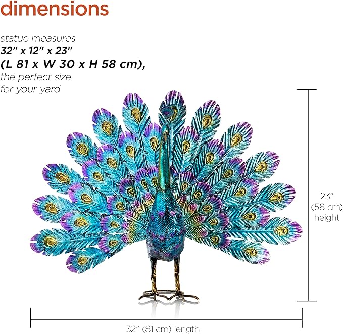 Alpine Corporation - 23" Tall Outdoor Metallic Peacock Tail Spread Yard Statue – Vibrant Garden Sculpture for Patio, Lawn, or Entryway (Multicolor)
