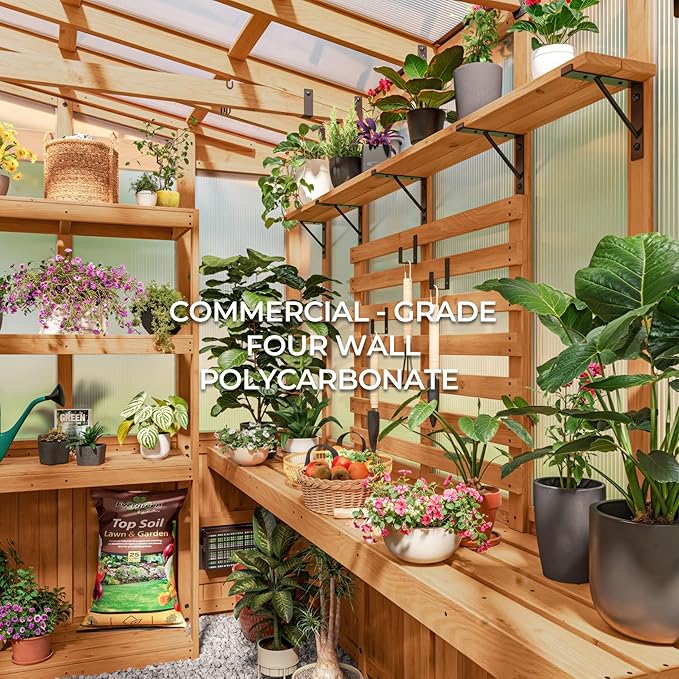 Backyard Discovery Poppy 9' x 6' Cedar Wood and Polycarbonate Walk-in Greenhouse Kit with Exhaust Fan, Windows, Hose Hook-Ups, PowerPort, Staging Shelves, Plant Hooks for Year-Round Outdoor Gardening