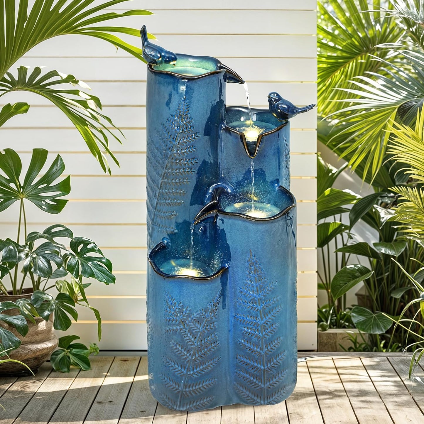 32 Outdoor Water Fountain, Unique Vase Ceramic Fountain withs Lights, 4-Tier Waterfalls with Birds, Tranquil Oasis for Garden Patio Yard Deck Balcony Decor, Tropical Fern, AquavTurquoise