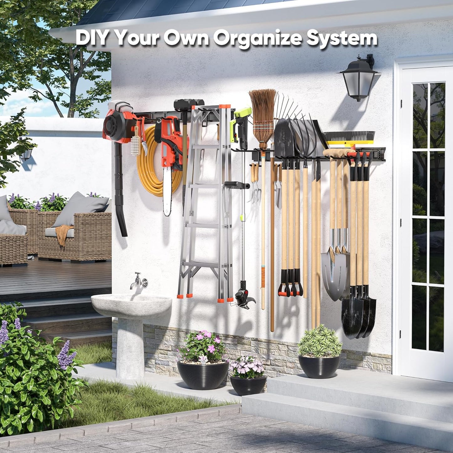 Garden Tool Organizer Wall Mount, 64 inches Tool Storage Rack with Adjustable Hooks, 600lbs Adjustable Heavy Duty Metal Hooks, Yard Shed Rack Holder System Hanging Rake Broom Mop Snowboard, Men Gift