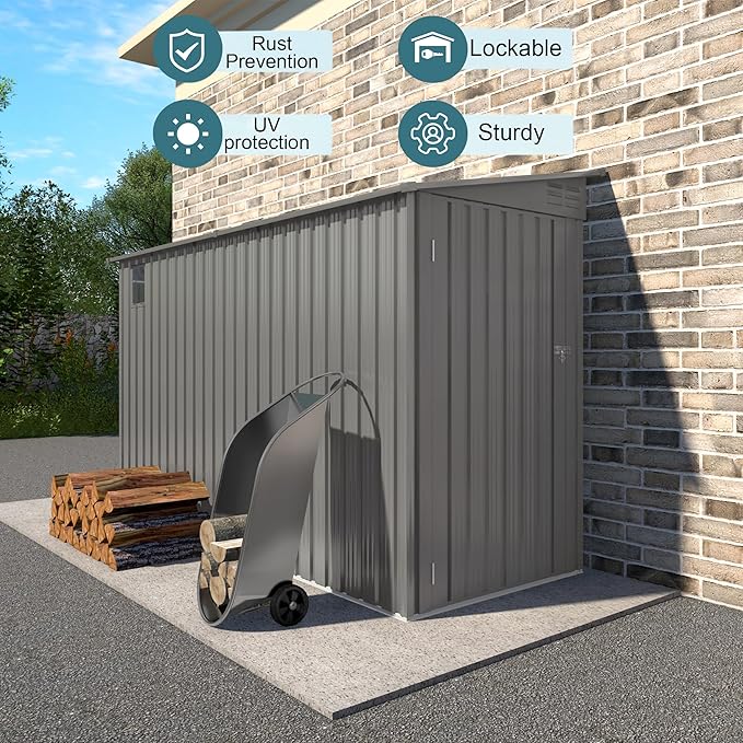 4 * 9.2 FT Outdoor Storage Shed, Galvanized Steel Garden Shed with Lockable Door & Window, Waterproof Metal Tool Storage for Garden, Backyard, Patio, Lawn(Gray)