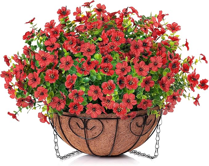 Artificial Fake Hanging Red Plants Flowers Basket for Outdoor Fall Winter Christmas, Faux Silk Daisy Mums Look Real UV Resistant for Outside Porch Home Patio Garden Yard Decoration