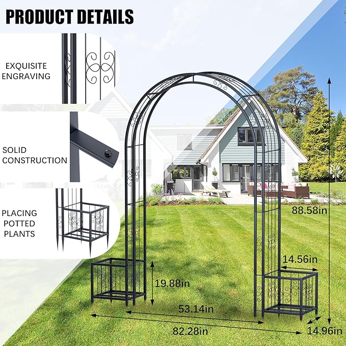 88in Steel Garden Arch Arbor Trellis with Planter Boxes for Climbing Plants Outdoor, Yard, Wide Sturdy Durable Garden Arch for Lawn,Outdoor Wedding Arch(Black)