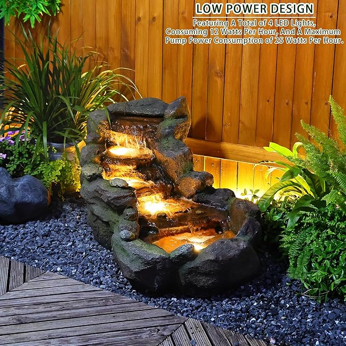 Garden Outdoor Water Fountain, 42.1" L Floor Standing Tiered Rock Outdoor Fountains with LED Lights and Pump for Garden, Backyard, Deck, Patio, Porch and Home Art Decor