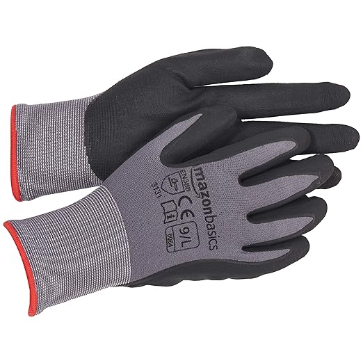 Amazon Basics Micro-Foam Nitrile Coated Work Gloves, Nylon Liner Fiber, Touch Screen, Grey, Size 9/L, 12 Pairs