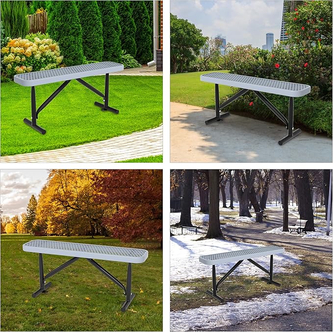 48" L Outdoor Steel Flat Bench, Heavy Duty Metal Park Bench for Outside, Expanded Metal, Commercial Benches Mesh Bench for Shopping Mall, Store, Lawn, Park, Patio, Deck, Garden (Grey, 4FT)